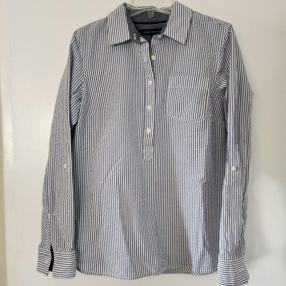 S Vintage Half Button Up Long Sleeve Blue and White Striped Tommy Hilfiger